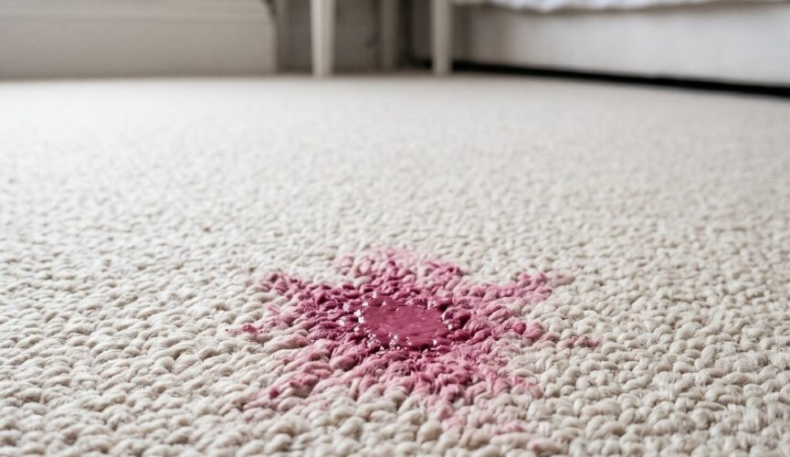 a small, already dried pink nail varnish stain on a light cream-coloured bedroom carpet