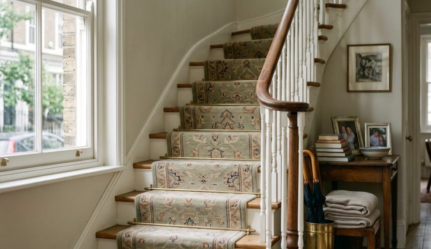 the main inner staircase inside a spacious, elegant London townhouse, with on a luxurious, well-maintained wool stair runner with a subtle traditional pattern in muted natural tones