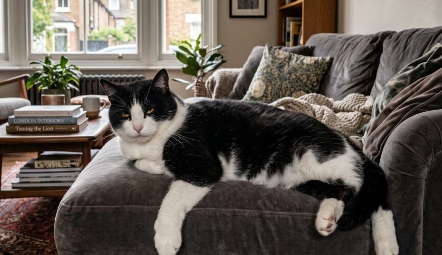 a large black-and-white tomcat stretched out lazily across a deep, plush upholstered sofa in a stylish London home